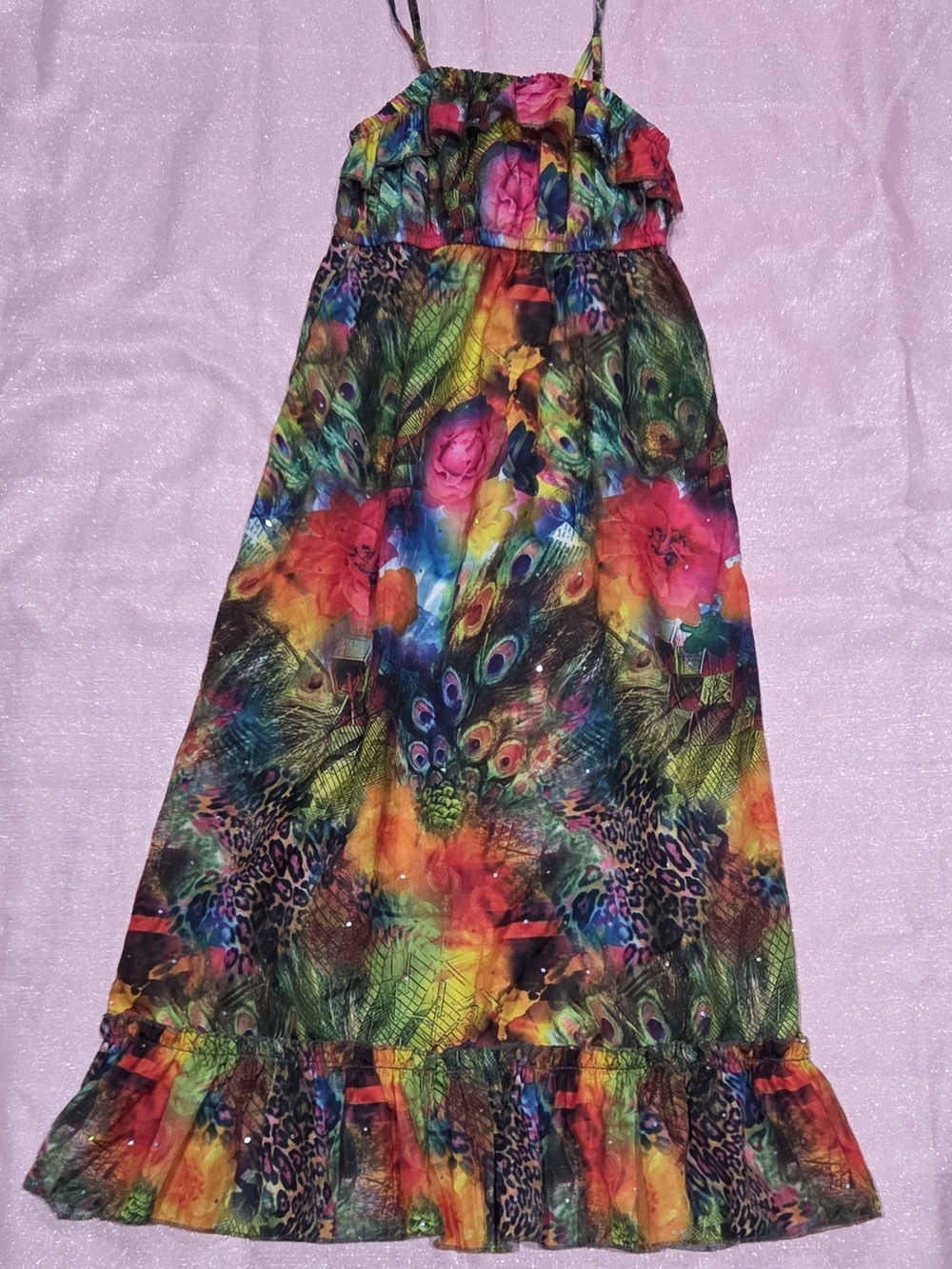 Girls Vibrant Peacock Floral Maxi Dress with Ruffle Hem